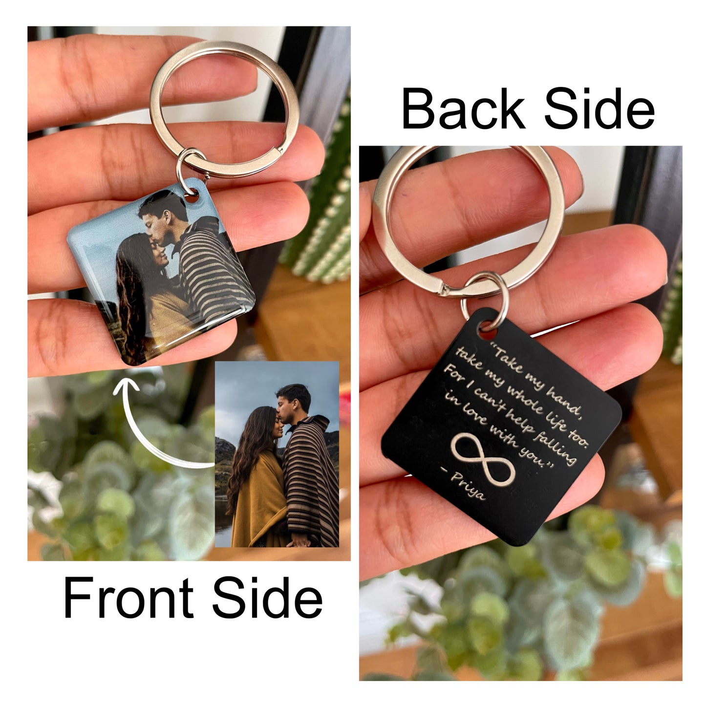 Personalized Photo Engraved Keychain with Special Date/Message in Black